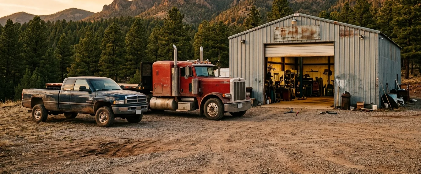 A diesel pickup and a red Peterbilt parked on the gravel apron outside the shop at golden hour, the bay door open and lit, pines and the White Mountains behind.