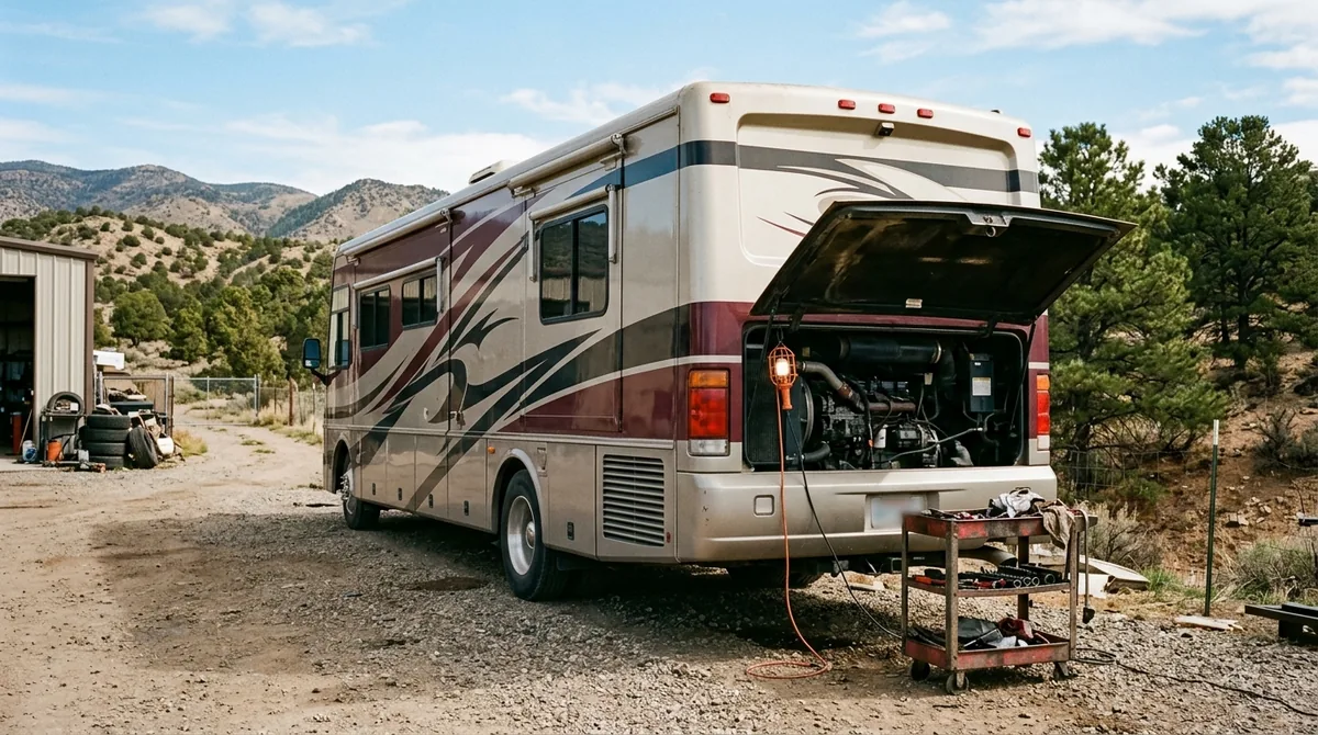 A Class A diesel pusher motorhome in the yard with its rear engine hatch open and a drop light and tool cart alongside.